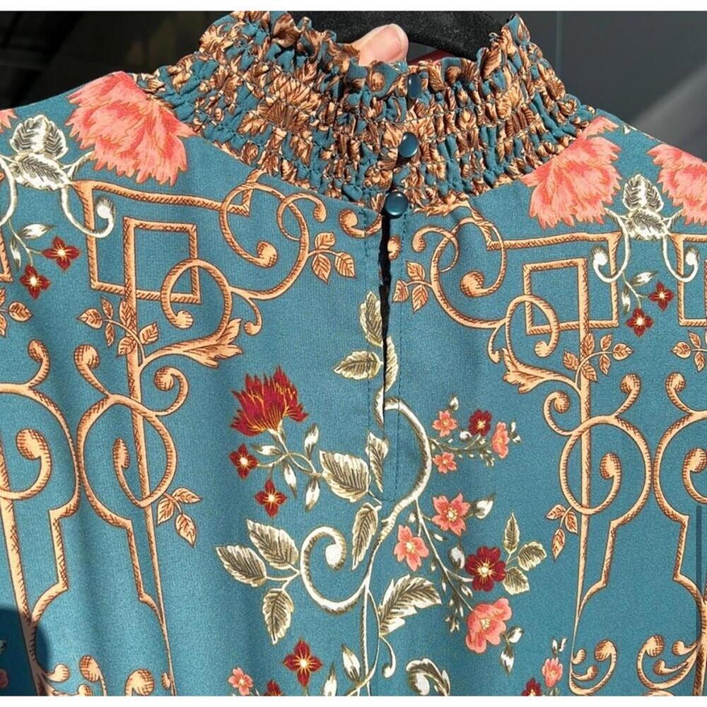 Nanette Lepore Midi Size 8 Teal Floral Print Ruffled Neck - Picture 7 of 9